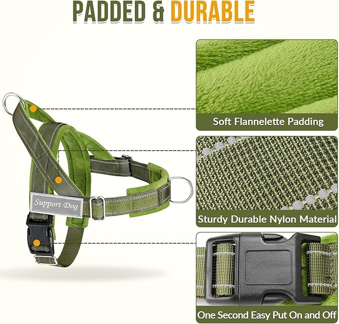 SlowTon No Pull Dog Harness with Front Clip - Heavy Duty, Soft Padded | Neck & Chest Adjustable, Tactical Pet Vest and Leash Set for Large Medium Sized Dogs, for Easy Walk & Training, Green L