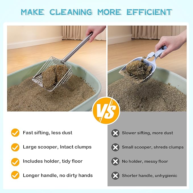 PETOCAT Metal Cat Litter Scoop with Holder Stainless Steel Kitten Poop Scooper, 17.5" Heavy Duty Pet Poop Sifter for Cat Box, Long Handle Large Waste Shovel, Fast Sifting Big Clumps, Solid & Durable