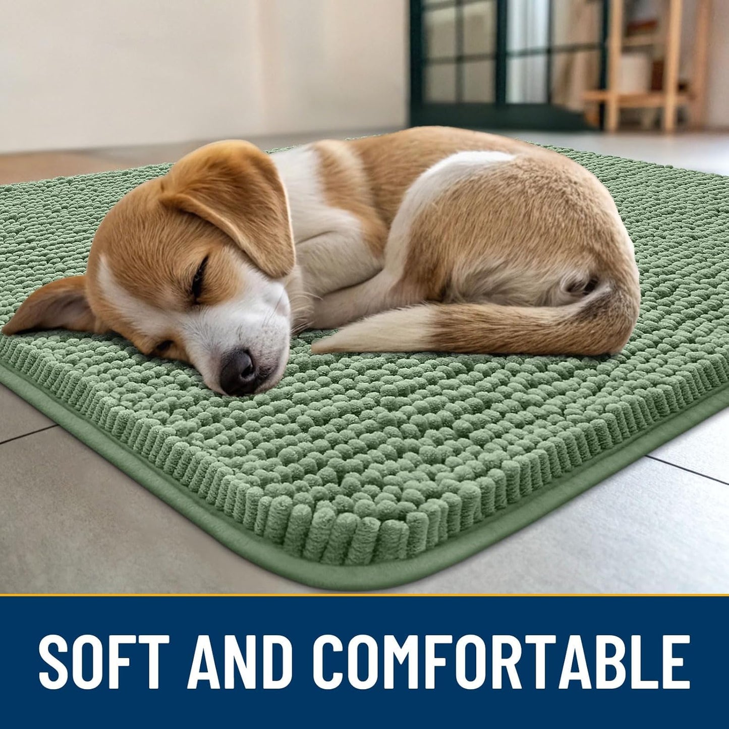 Smiry Dog Door Mat for Muddy Paws 24x16, Absorbs Moisture and Dirt Doormat, Non-Slip Washable Quick Dry Chenille Front Door Mat Indoor Entrance, Entryway Carpet for Inside Floor, Olive Green