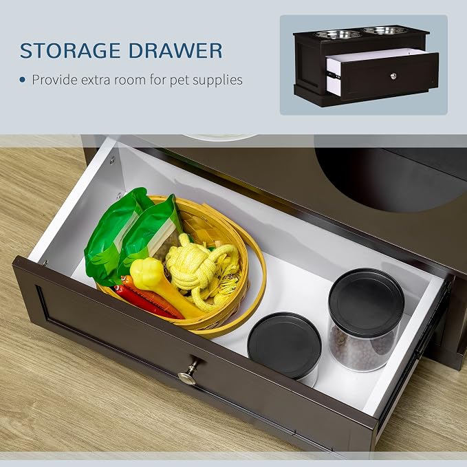 PawHut Large Elevated Dog Bowls with Storage Drawer - 11L Capacity, Raised Dog Bowl Stand Feeding Station, Brown | Raised Dog Bowl Stand, Pet Food Bowl, Pet Feeding Station