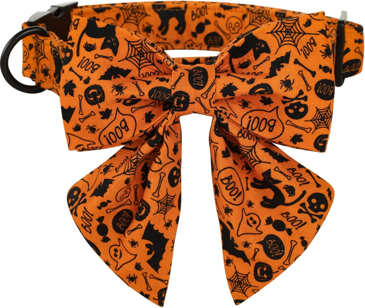 Lionet Paws Halloween Dog Collar with Bowtie - Cute Cotton Adjustable Fall Bowtie Dog Collar with Metal Buckle for Small Medium Large Dog Girl Boy Gift, S, Neck 10-16in