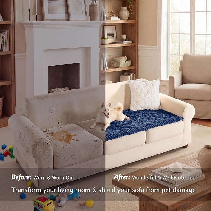 PuTian 100% Waterproof Fuzzy Couch Cover for Dogs Navy Blue 27.6"x70.9" | Pet Friendly Dog Mat for Couch, Waterproof Sofa Protector, Scratch Resistant Furniture Cover for Dogs, Machine Washable