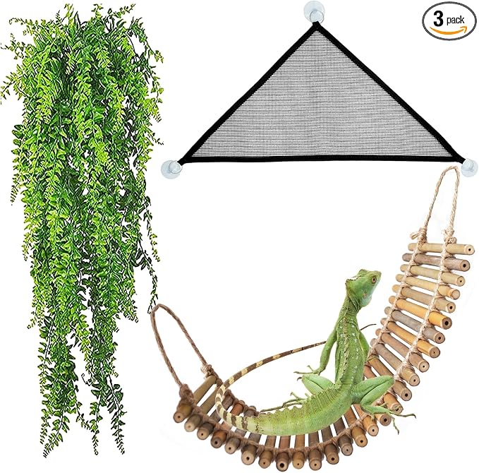 kathson Reptile Bridge for Terrarium,Bearded Dragon Wooden Bridges Gecko Hammock with Hanging Plants Lizard Lounger Bamboo Ladder Reptiles Tank Accessories Climbing for Chameleons Geckos Snakes (3Pcs)