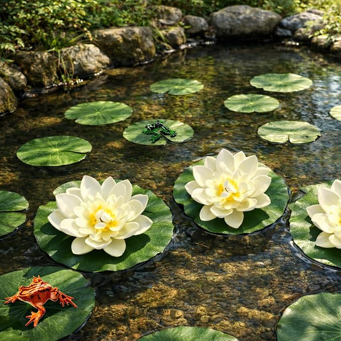 12PCS Artificial Floating Lily Pads Set, 8 Realistic Lily Pads, 2 Lotus Flowers & 2 Floating Frogs, Pond Pool Fountain Water Feature Decorations