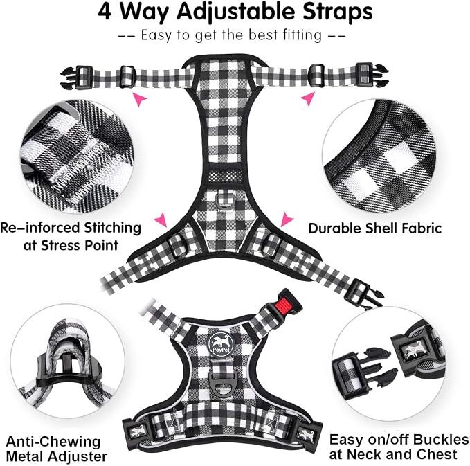 PoyPet Plaid Dog Harness Small, No Pull Vest with Front Clip & Neck Buckle | Padded Handle, Reflective, No Choke, Lockable, 2 Leash Rings, Full Adjustable, for Training Walking, S, Grid