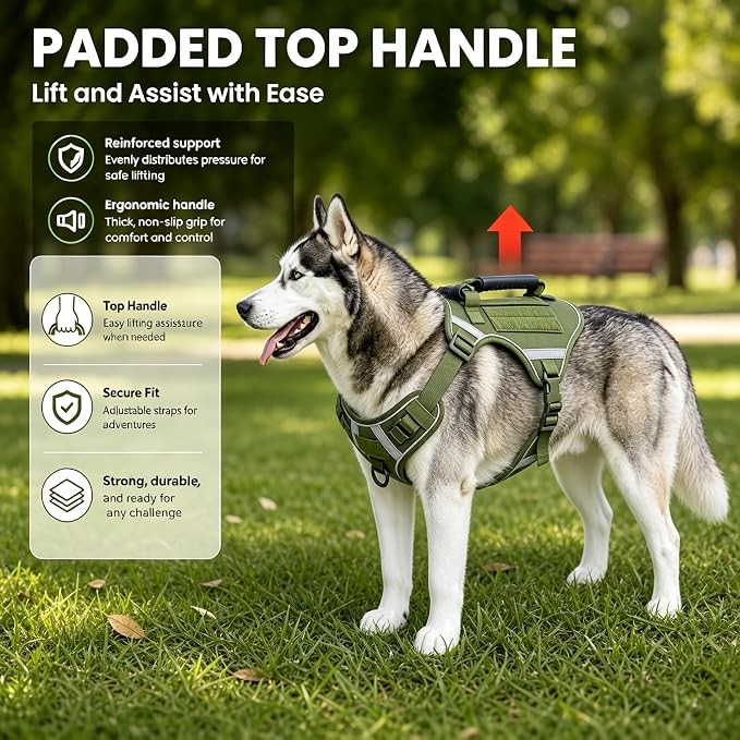 Tactical Dog Vest with Handles,No Pull Tactical Service Dog Harness with Molle System, Adjustable Reflective Pet Vest for Walking Hiking Training Army Green M