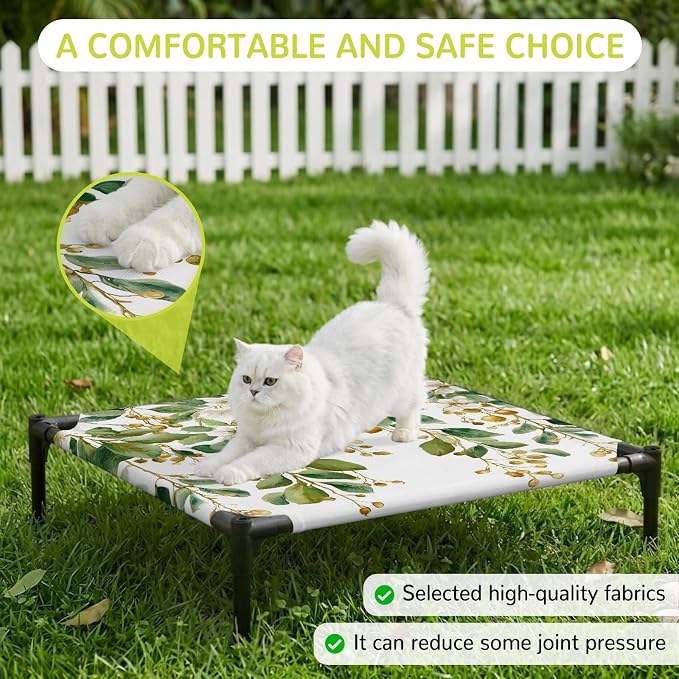 Outdoor Elevated Dog Bed for Small Dogs, Floral Vine Breathable Cooling Raised Dog Cot for Indoor/Outdoor, White Hanging Buds Botanical Flowers Farmhouse Waterproof Elevated Pet Beds, S 20 x 20 in