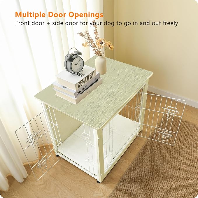 DWANTON Dog Crate Furniture with Cushion, Wooden Kennel Table with Double Doors, Indoor Dog House, Small/Medium/Large Size, 27.2" L, White Oak