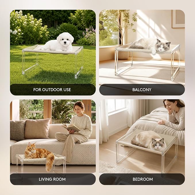 Acrylic Cat Hammock Bed, Elevated Cat Bed with Breathable Woven Mat, Sturdy Clear Cat Perch for Indoor Cats, Kittens, Small Dogs, Space-Saving Cat Furniture for Home Decor