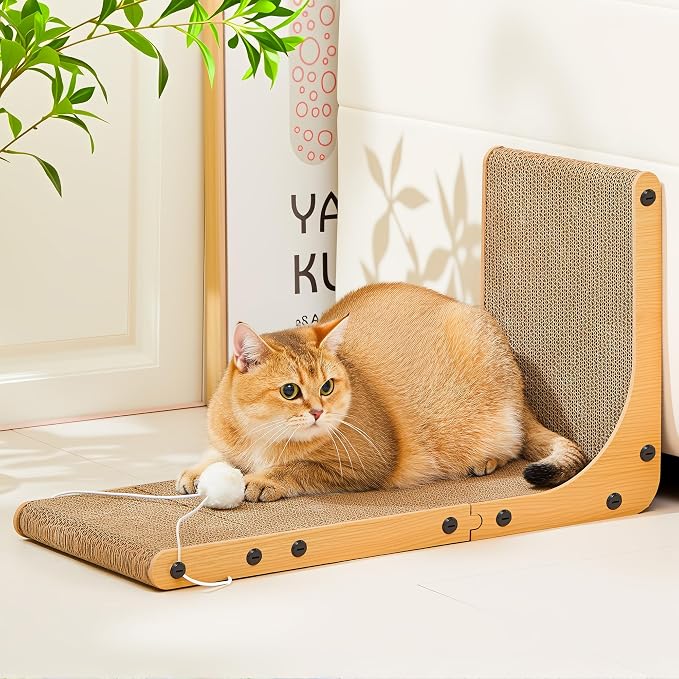 Value 2-Pack 23.6 Inch L-Shaped Cardboard Cat Scratcher, Dual Use (Vert/Horiz) Scratch Pad with Toy Balls, Wall-Mountable Furniture Protector Cat Scratchers for Indoor Cats