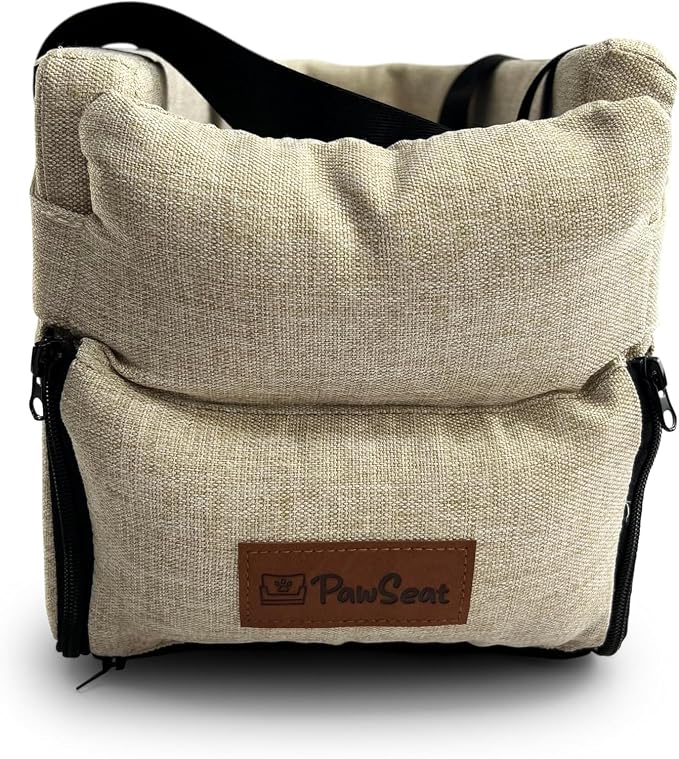 Center Console Dog Car Seat for Small Dogs and Puppies 5-13Lbs, Ideal Armrest Booster Car Travel Seat with Safety Protection Seat Belts, Storage Pockets - Reduces Anxiety (Woven - Beige)