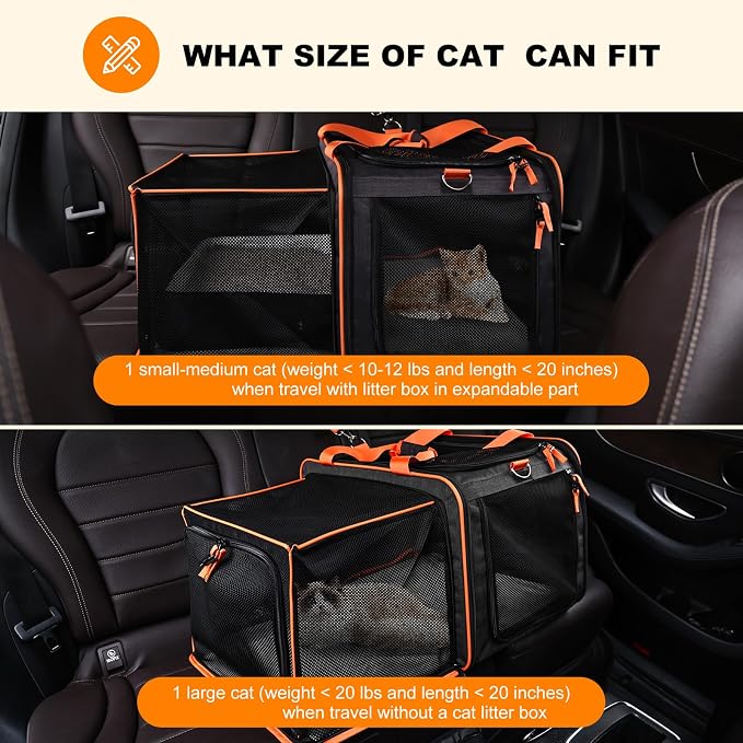 Pidipiti 20 x 14 x 14 Expandable car Travel Carrier for 1 Small-Medium cat,with a Portable Leakproof Litter Box