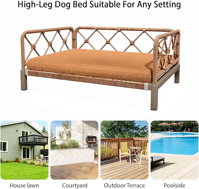 Indoor & Outdoor Dog Bed, Elevated All-Weather Wicker Pet Sofa with Washable Waterproof Cushion, Durable Rattan Dog Couch for Small Dogs, Brown