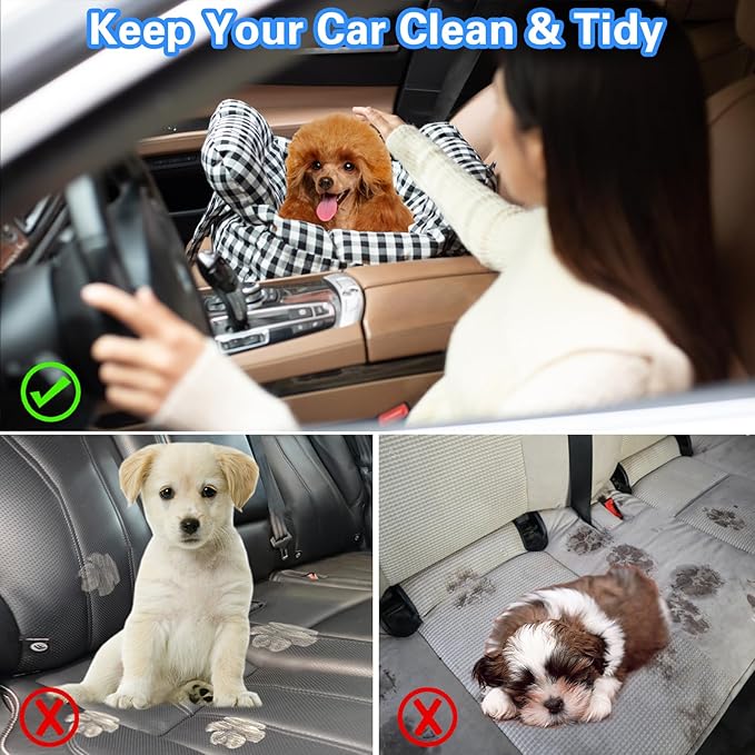 Dog Car Seat for Small Dogs, Portable Puppy Car Seat of Easy Installation, Fashionable Pet Carrier Bag with Large Pockets, Machine Washable Dog Booster Seat (Checkered Navy)