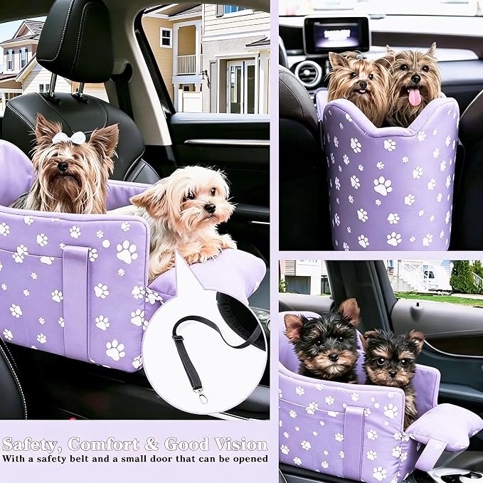 Center Console Dog Car Seat for Medium Dogs,Purple | Portable Armrest Booster With Soft Cushion Safety Belt, Up To 21 Lbs