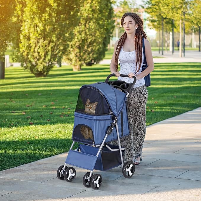 LEMY Pet Stroller,4 Wheels Dog Cat Stroller with Storage Basket&Cup Holder,Folding Dog Cat Cage Jogger Strollers for Small Medium Dogs Cats Travel,Navy Blue