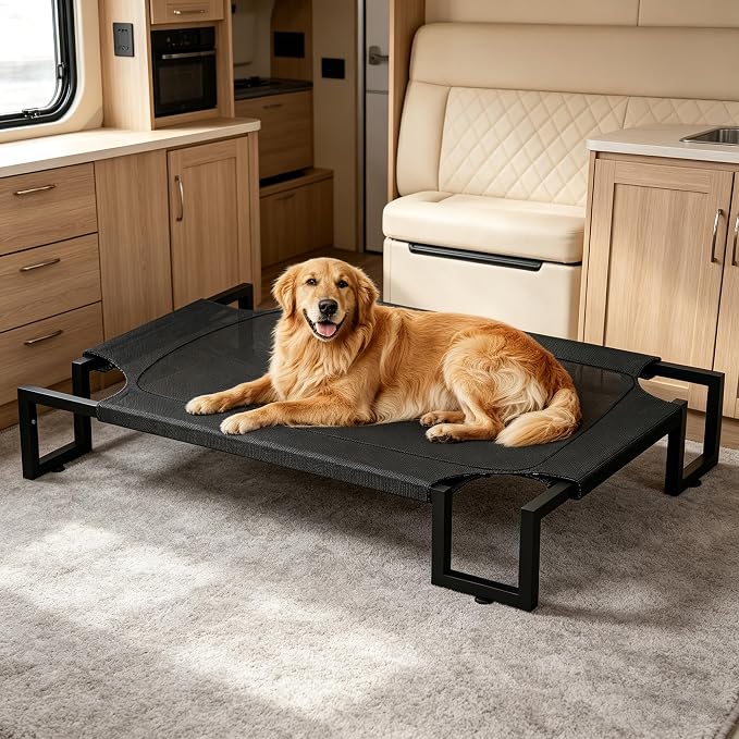 Elevated Dog Bed,Raised Outdoor Dog Bed for XLarge Sized Dogs | Waterproof Cooling Dog Cot with Washable Breathable Teslin Mesh,Pet Bed with Heavy Duty Frame,No-Slip Feet,Black 125×85×21cm