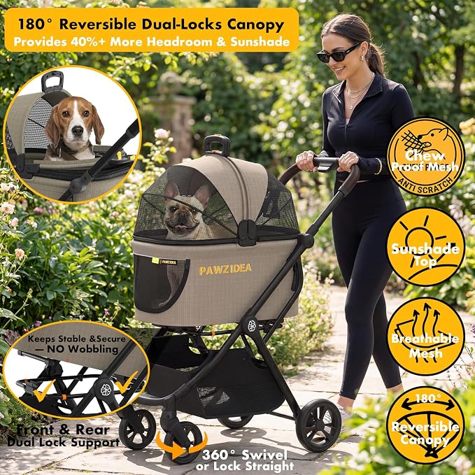 PAWZIDEA 4-in-1 Pet Stroller with Detachable Carrier, Escape-Proof No-Zip Canopy, Lightweight Foldable Dog Stroller for Small Medium Dogs & Cats, Portable Travel Crate & Car Seat Combo, Storage Basket