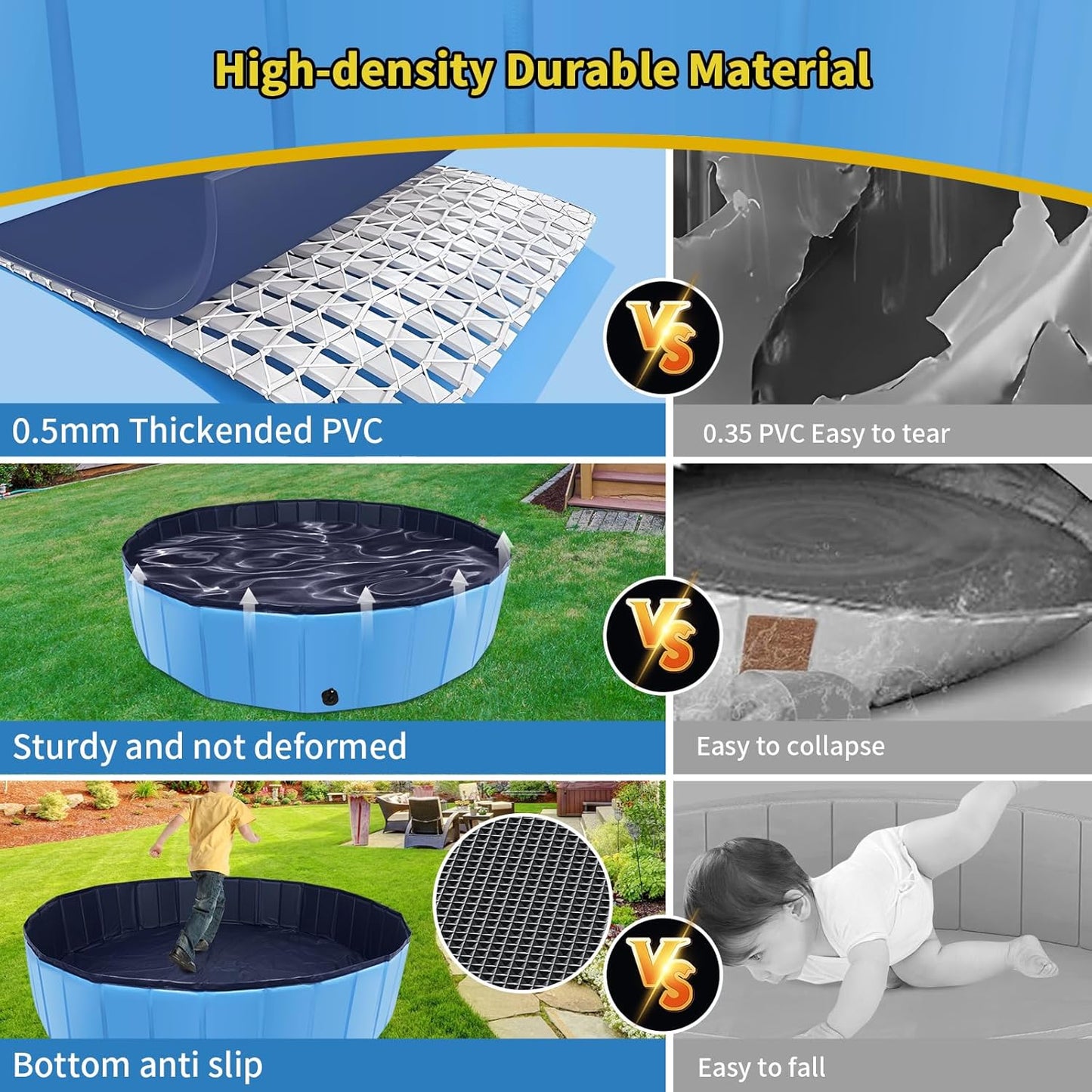 Foldable Dog Pool, 87" x 14" Large Kiddie Pool with Hard Plastic, Non-Slip Dog Bath Tub for Outdoor Backyard, Collapsible Dog Swimming Pool for Kids Dogs Pets (Blue)