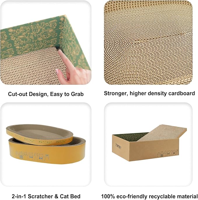 Comoney Cat Scratcher Bed 3 Pack, Oval Corrugated Cardboard Cat Scratch Pads for Indoor Cats with Grooming Brush, Round Cat Scratching Board Lounge Furniture Protector