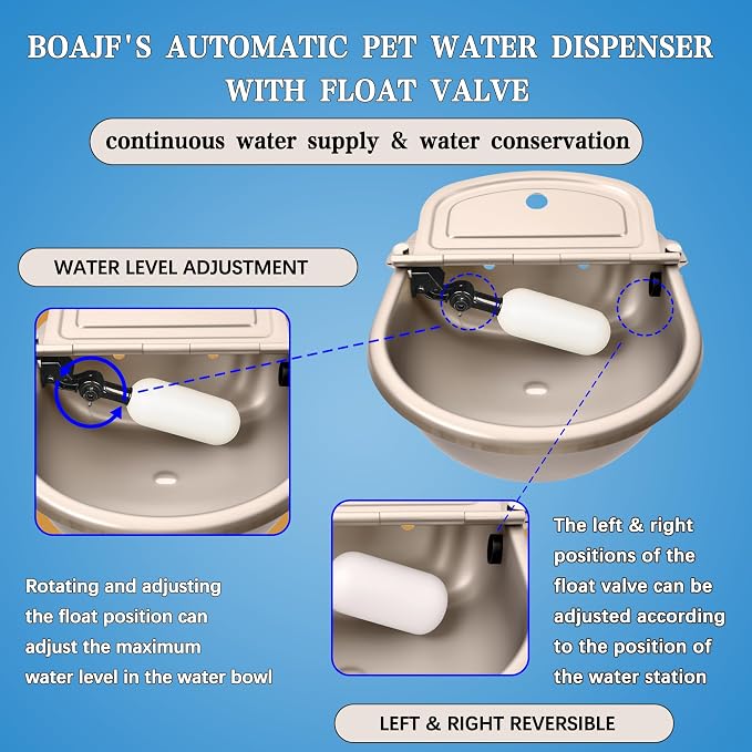 Automatic Dog Water Dispenser, Outdoor Chicken Waterer with Drain Valve, Easy Cleaning, Stainless Steel Auto Livestock Water Bowl with Float Valve, Self Drinking Trough for Horse (1 Gallon)