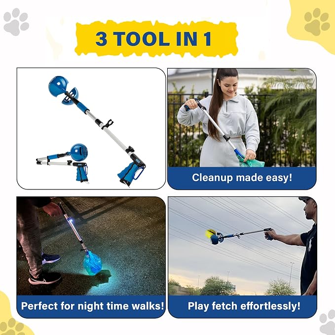 Dog Pooper Scooper 3 Tools in 1, Portable Pooper Scooper for Large & Small Dogs | Long Handle Poop Scooper for Dogs | Durable & Easy-to-Use Poop Scooper for Yard with Sticky Roller Feature