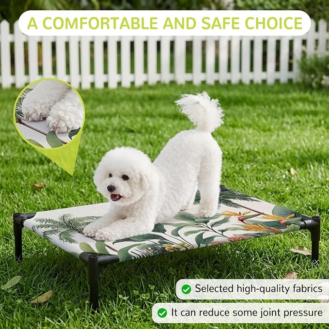Outdoor Elevated Dog Bed for Medium Dogs, Summer Palm Tree Breathable Cooling Raised Dog Cot for Indoor/Outdoor, Tropical Botanical Floral Coastal Rustic Waterproof Elevated Pet Beds, M 24 x 20 in