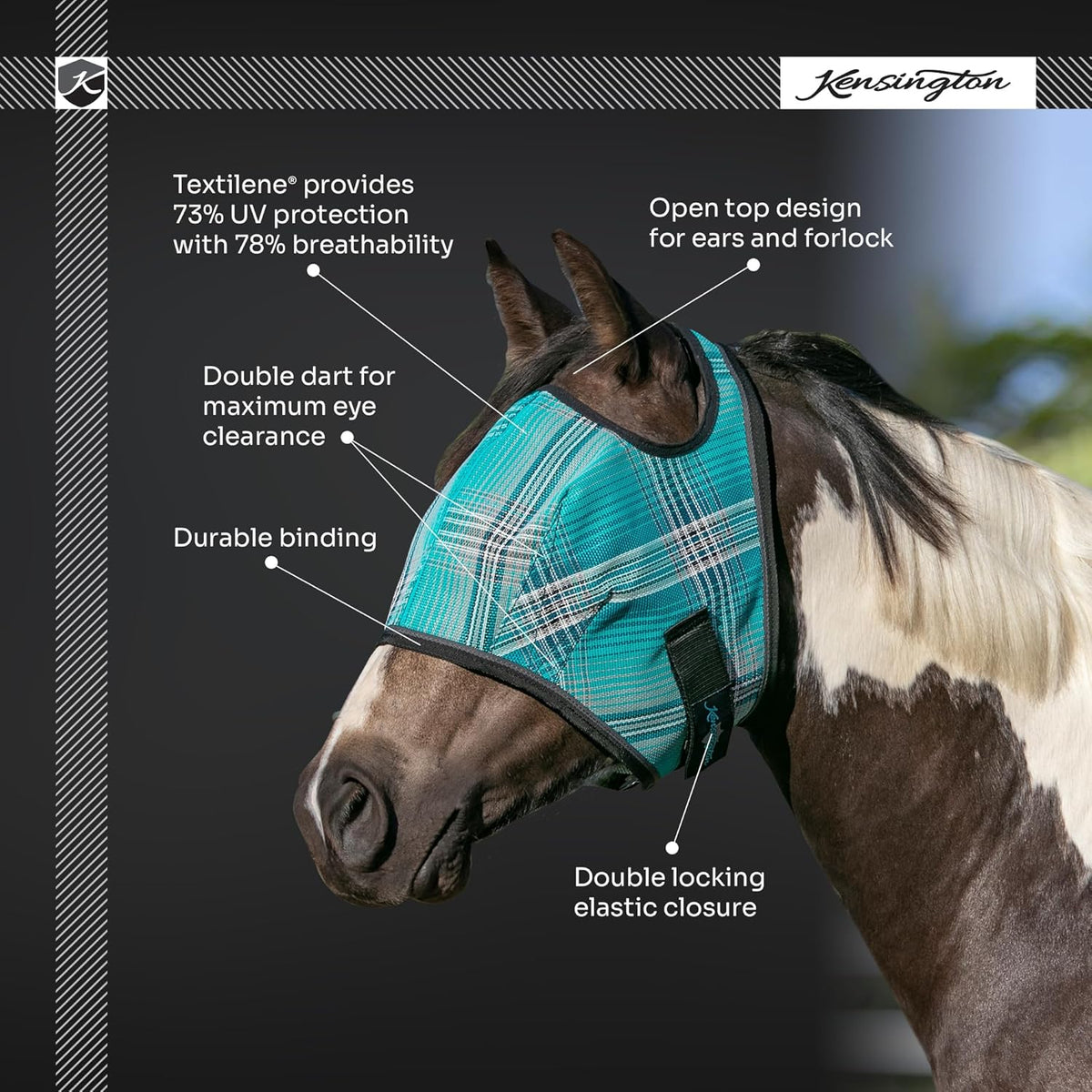 Kensington Fly Mask Web Trim — Protects Horses Face and Eyes From sun While Allowing Full Visibility — Ears and Forelock Able to Come Through the Mask, Medium, Deluxe Black
