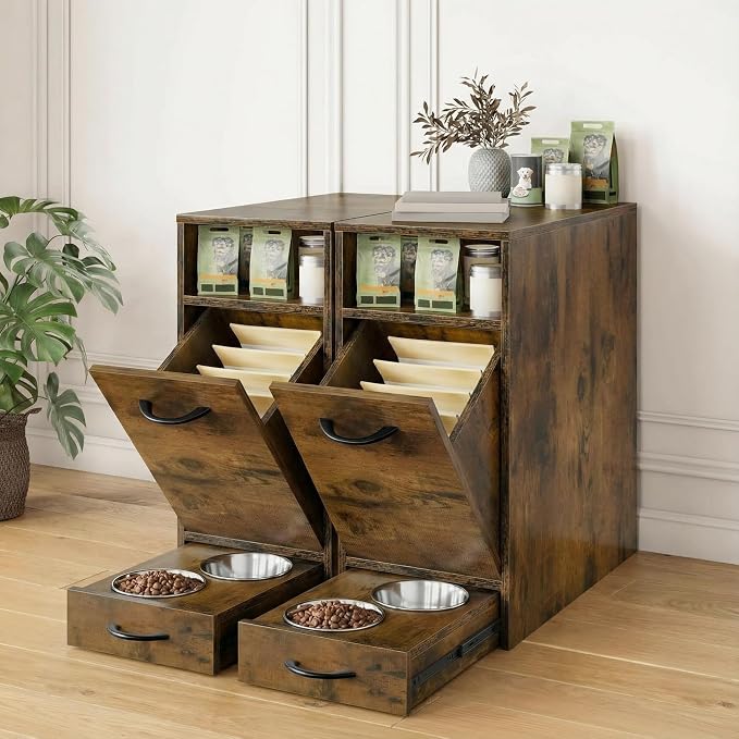 DWVO 30.6" Dog Feeding Station with Storage & 4 Feeder Bowls | Tilt-Out Dog Food Cabinet, Pull Out Elevated Dogs Bowl, Rustic Brown