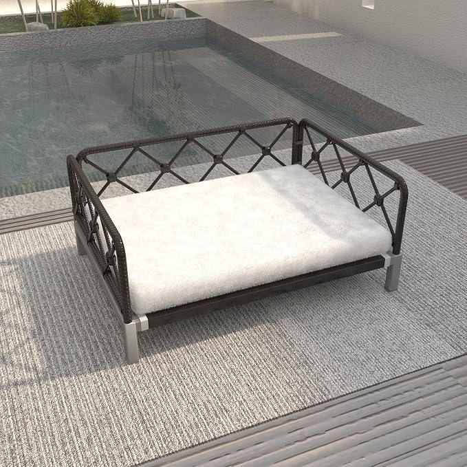Elevated Waterproof Dog Beds with Egg Crate Foam Support, Outdoor Dog Sofa Bed PE Wicker Orthopedic Pet Bed with Washable Removable Cushion for Large, Medium, Small Dogs (White)