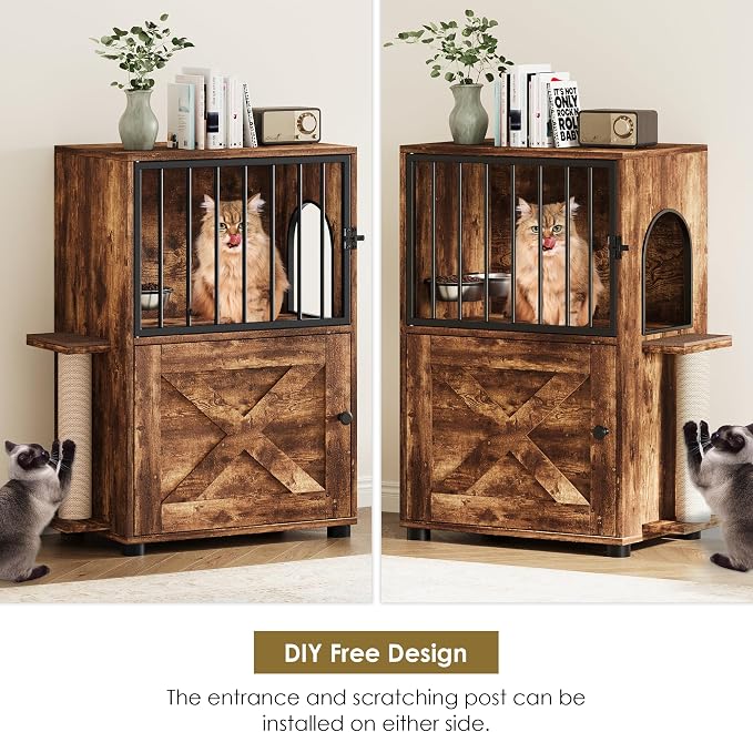 Dog Proof Cat Feeding Station, Dog Proof Cat Feeder, Cat Food Table,Vintage | Cat Feeding Station with Scratching Post, Elevated Food Bowls with Stand, Cat Tree with Food Storage, Cat House