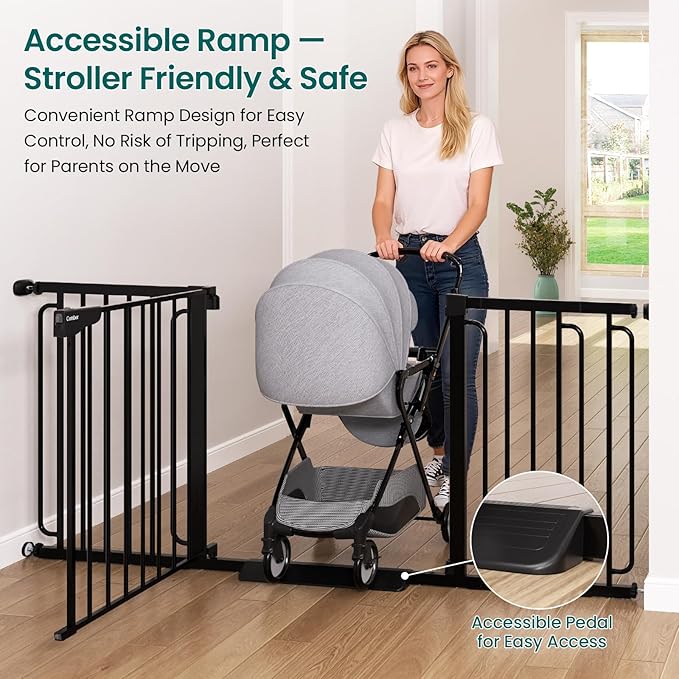 Cumbor Extra Wide Baby Gate, 36.6-69" Walk-Through Dog Gate for Stairs, Doorways & Hallways, 30.5“ Tall, Auto-Close & Dual-Swing Safety Child Gate Indoor, Easy Install Pressure-Mounted Pet Gate, Black