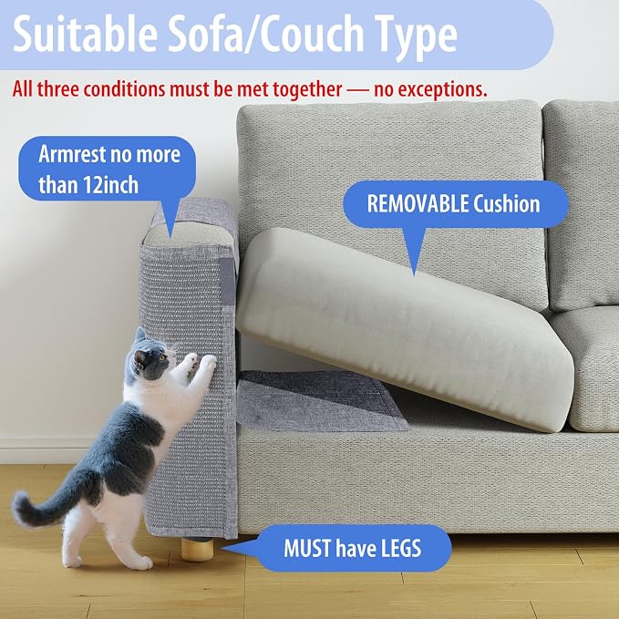 Cat Scratch Couch Protector with Natural Sisal for Protecting Couch Sofa Chair Furniture 23.6" L*19.7" W(Smoke Gray, Right Hand)