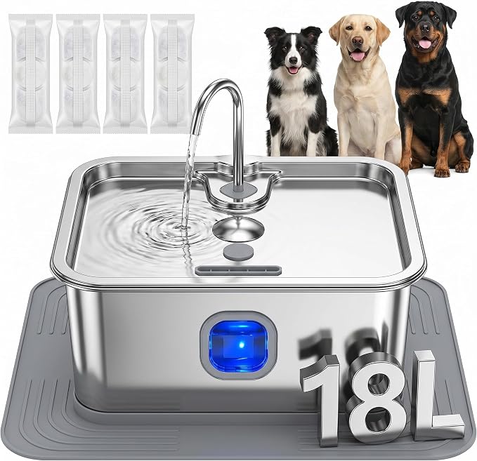 18L/4.76Gal Large Dog Water Fountain, Non-Slip Mat & 4 Filters | 304 Stainless Steel Pet Water Fountain, Quiet Run, Wide Deep Drinking Tray, LED & Water Window, Easy to Clean for Large Dogs
