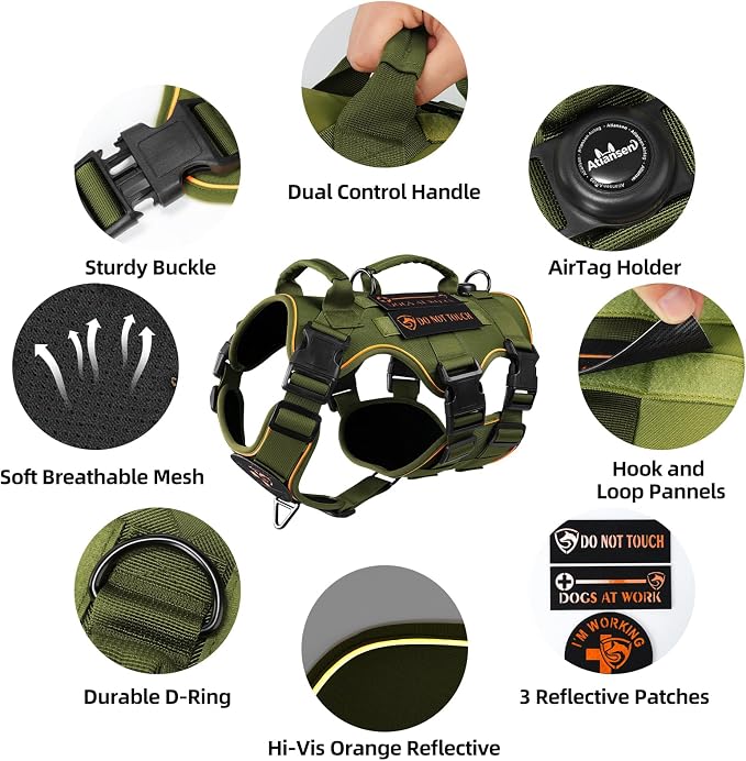Reflective Tactical Dog Harness with AirTag Holder&3 Pet Patches, Green XL | Heavy Duty No Pull Dog Harness, Adjustable Dog Harness, Two Handles, Breathable Mesh Padding, Resists Dirt and Stay Clean
