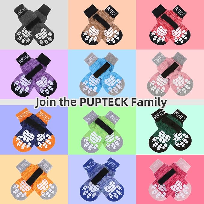 PUPTECK Double Side Anti-Slip Dog Socks with Adjustable Straps for Indoor Wear - 2 Pairs Pet Paw Protection Traction Control Socks on Hardwood Floor