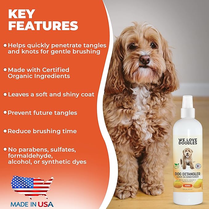 We Love Doodles Dog Grooming Detangler Brush & Rake (Mango Detangler Spray Bundle) - Stainless Steel Blades - For All Hair Types & Sizes - Safe & Gentle Formula - Made in USA