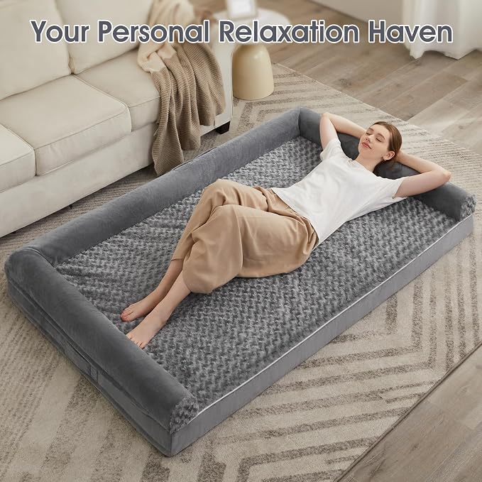 BFPETHOME Orthopedic Washable Human Dog Bed for Adult & Dog Cozy Sleep | Human Size Waterproof Big Soft Pet Couch Bed for Adult & Dogs Relax with Removable Cover Supportive Foam Grey 61x43 Inch