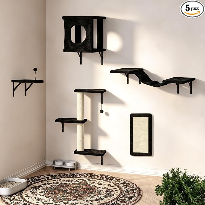 5 Pcs Cat Wall Shelves Set, Wall-Mounted Climber with Cat House, Scratching Post, Bridge, Hammock, Space-Saving Play Furniture, Black