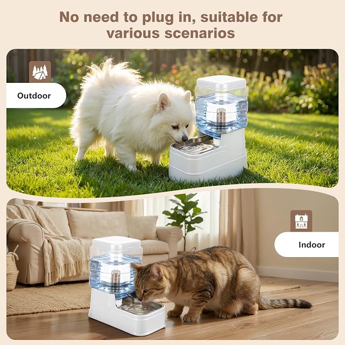 1.1 Gallon Pet Automatic Dog Water Dispenser Cat Gravity Waterer Feeder with Stainless Steel Bowl 8L Large Capacity Puppy Feeding Raised Bowls with Filter,Ice Pack (White, 4L(1.1 Gallon))