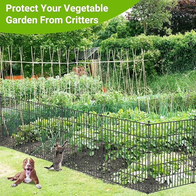 5 Panels No Dig Decorative Outdoor Garden Fence with Gate for Yard, 32 in(H) X 11.8 ft(L) Animal Barrier Fencing Rustproof Metal Wire Panel Border for Dog, Rabbits, and Patio Temporary Ground Stakes