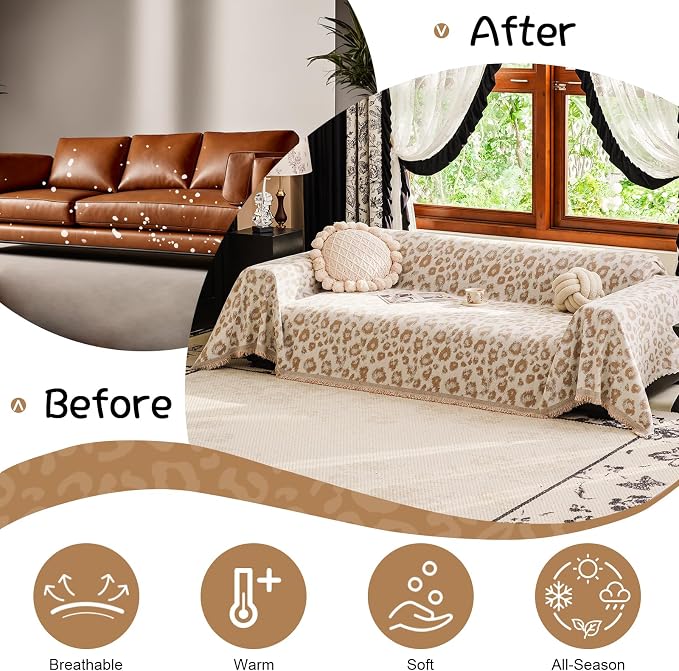 VClife Bohemian Sofa Cover for Dog, Aesthetic Leopard Couch Cover for 3 Cushion Couch Sofa, Skin-Friendly Breathable Furniture Protector, Cute Animal Theme Sofa Slipcover Futon Cover for Dog, Khaki