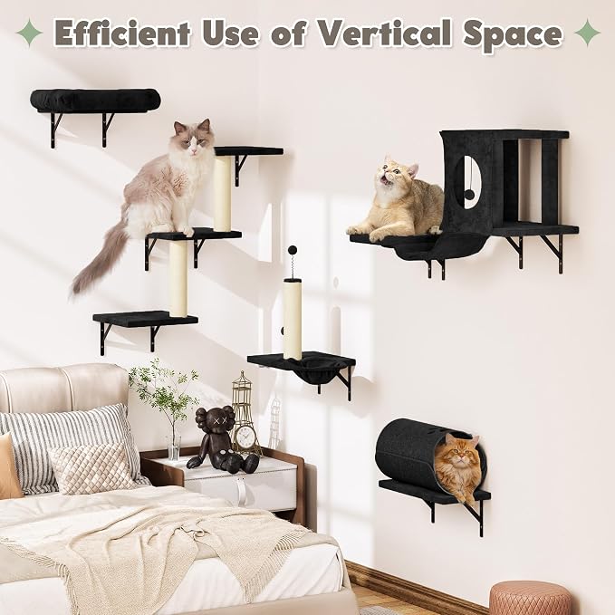7-in-1 Cat Wall Shelves, Cat Climbing Wall Systems, Space-Saving Wall Mounted Cat Shelves for Play & Rest Includes Tunnel, House, Bridge, Steps, Scratcher, Hammock, Shelves, Black