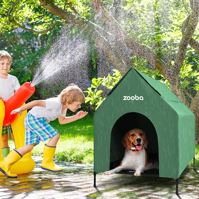 Zooba 29in Medium Dog House Outdoor, Elevated Dog Bed with Canopy, Green | Weather-resistant 600D PVC canopy, breathable 2x1 Textilene elevated bed, steel frame; indoor or outdoor; easy to clean