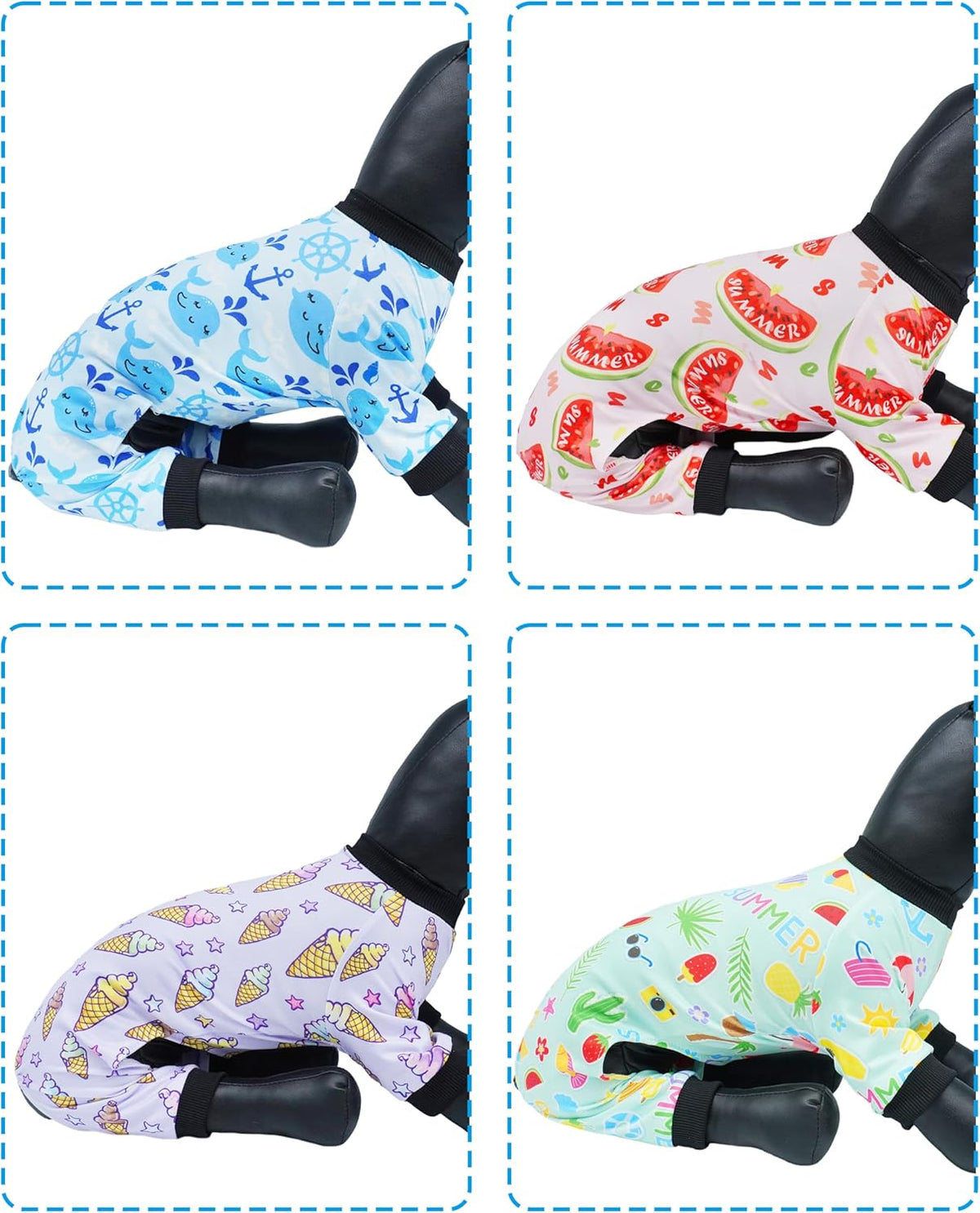 PET SHOW 4 Pack Dog Pajamas for Medium Large Dogs Girl Boy Watermelon Soft Stretchy PJs Whale Ice Cream Jumpsuit Dog Floral Onesies Outfits with Sleeve Pets Breathable Summer Clothes Costume XXL
