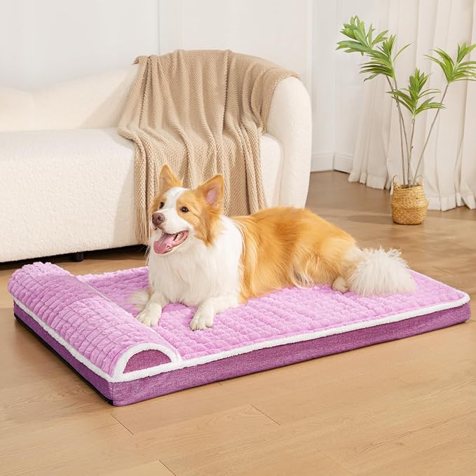 Orthopedic Large Dog Bed Pillow Pet Sofa Bed 42''X28'' Lilac | Egg-Crate Foam Pet Couch Large Sized Dog, Waterproof Removable Washable Cover,Furry Puppy Crate Mat With Nonskid Bottom