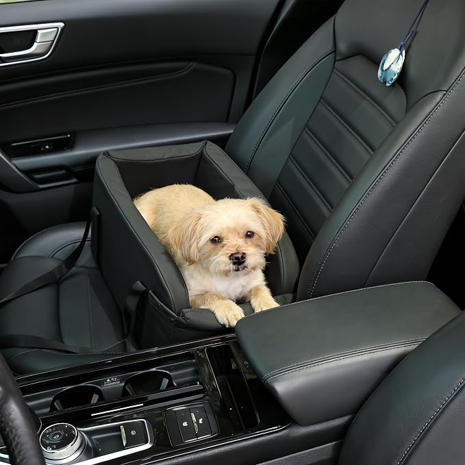 Center Console Dog Car Seat, Waterproof Small Puppy Carrier | Waterproof Faux Leather, for Dogs Under 9 lbs, 2-in-1 Console Dog Car Seat & Carrier, Sturdy Cushioned, Anti-Collapse Walls