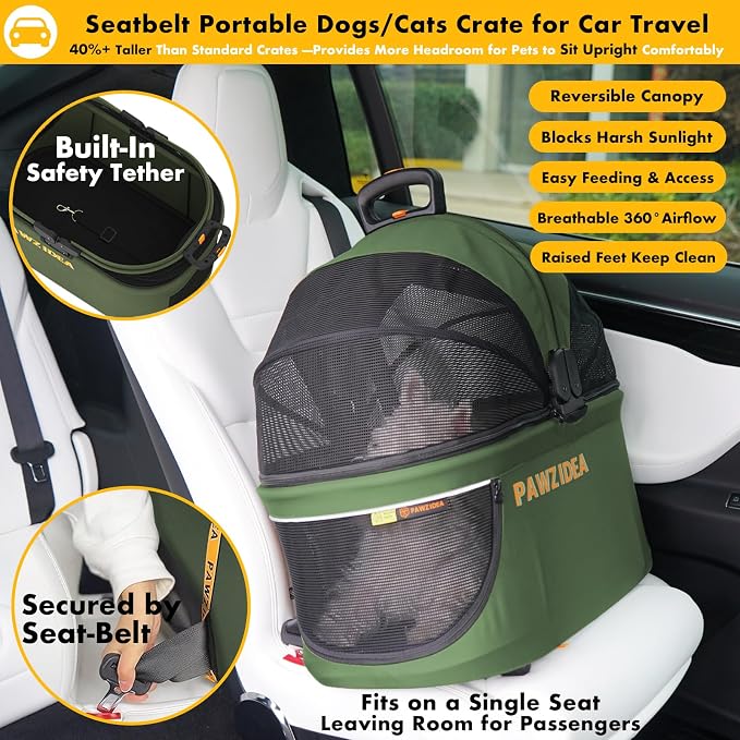 PAWZIDEA Pet Stroller 4 in 1, Foldable Cat Stroller with Detachable Carrier for Small Medium Dogs & Cats, Escape-Proof No-Zip Canopy, Lightweight Portable Travel Crate & Car Seat Combo, Storage Basket