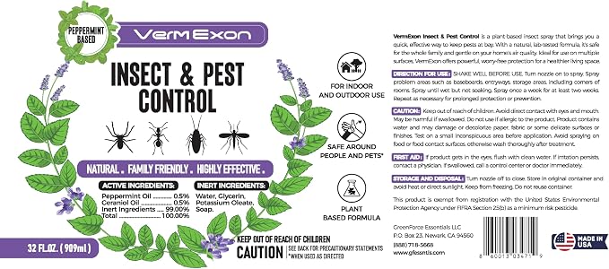 VermExon Peppermint Oil Insect & Pest Control Spray – 32oz Natural Plant-Based Bug Killer for Spiders, Ants, Flies, and Other Insects, Safe for Home & Kitchen Use