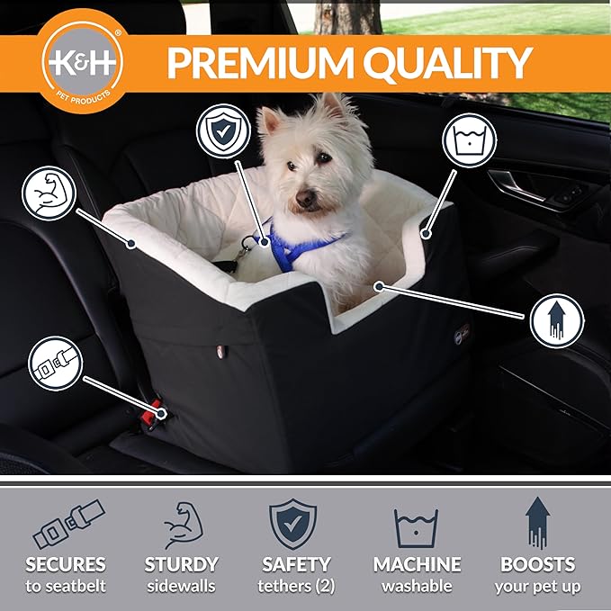 K&H Dog Car Seat, Bucket Booster for Cats & Dogs, Small, Black/Cream | Collapsible Dog Car Seats for Small Dogs. Seat Belt Secured, 2 Safety Leashes, Washable Covers